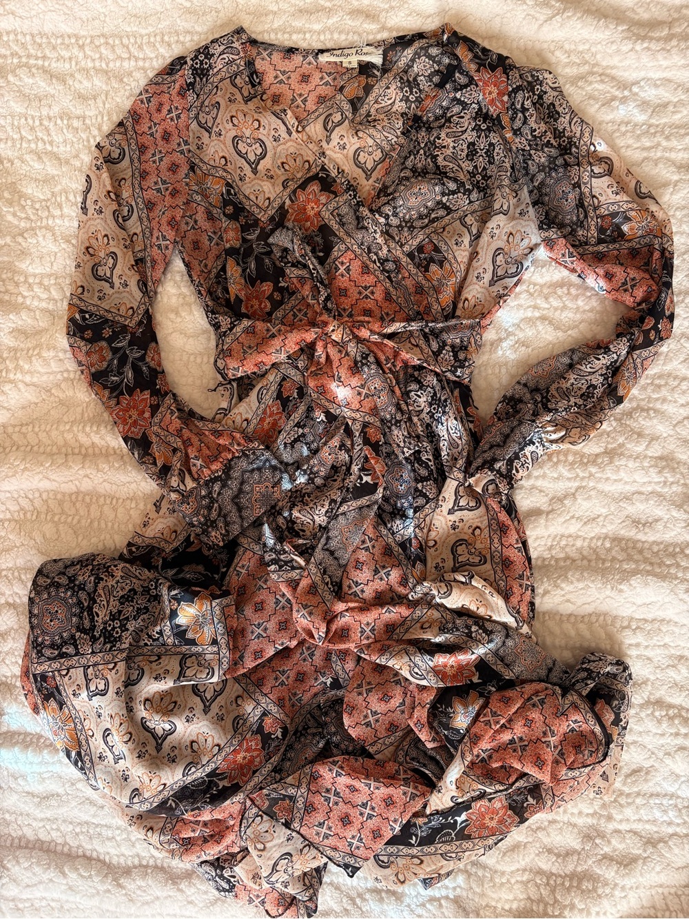 Paisley Wrap Maxi Dress in Peach, Black & Cream